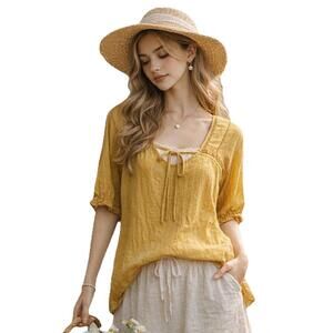 Naif Yellow Crinkle Tunic Blouse M Boho Peasant Cottagecore Lightweight Top